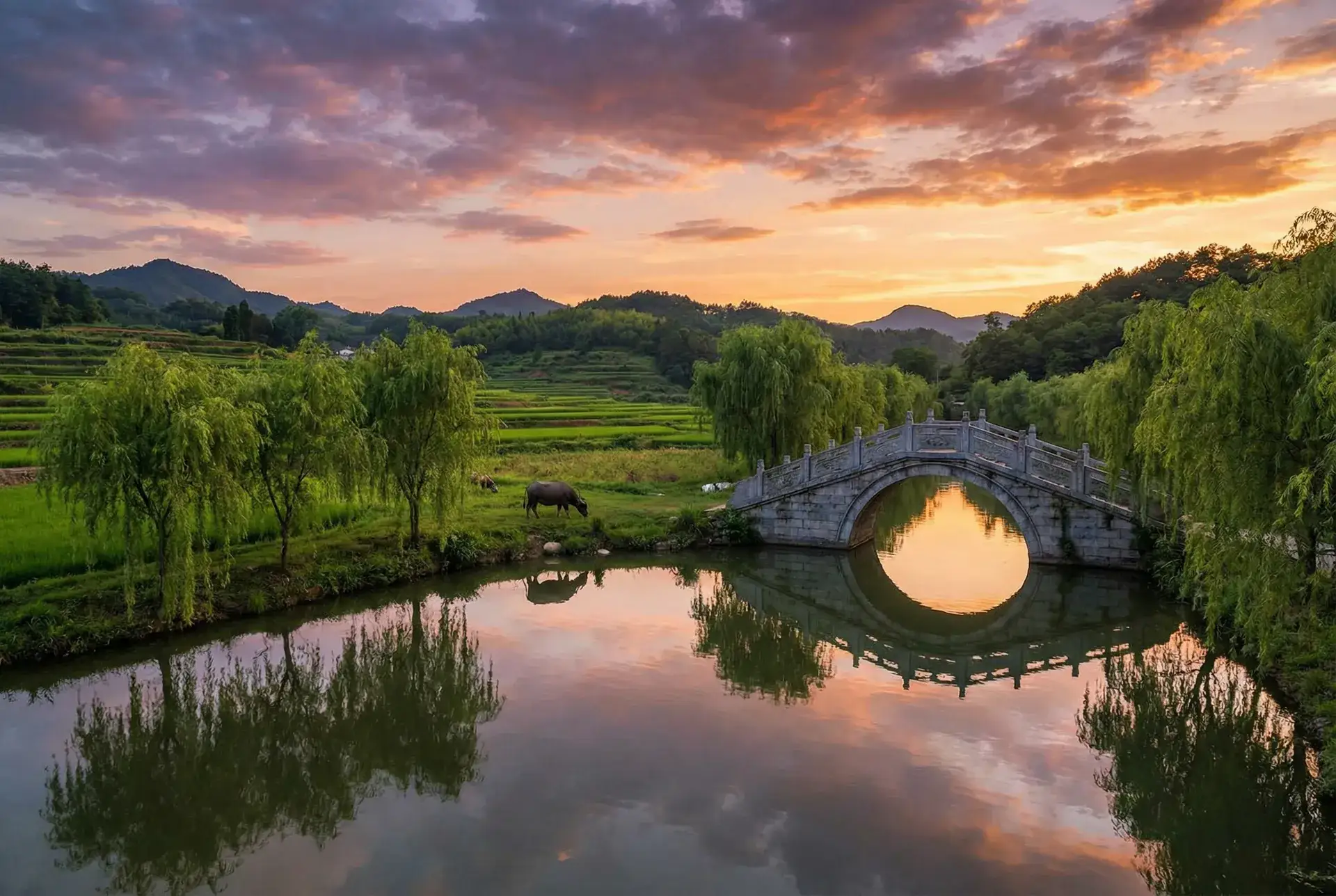 夕阳下的石拱桥与垂柳，水牛在河边吃草 - 米娜学姐 乡村美景